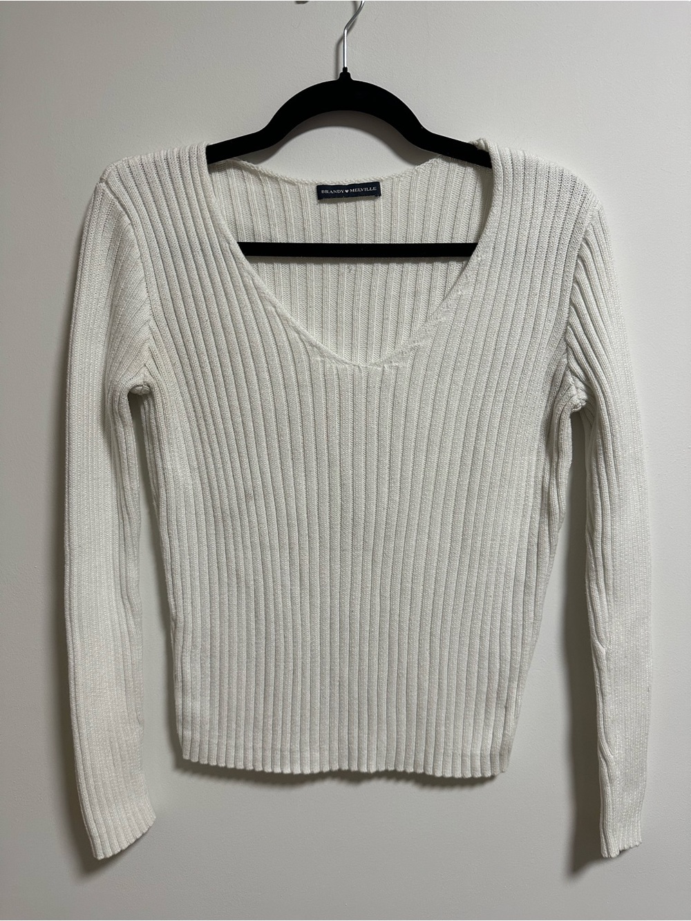 Brandy Melville White Ribbed V-Neck Sweater